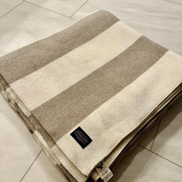 Pendleton Wool Blanket Full/Queen Size Custom One of a Kind Beige White Striped - Picture 1 of 7